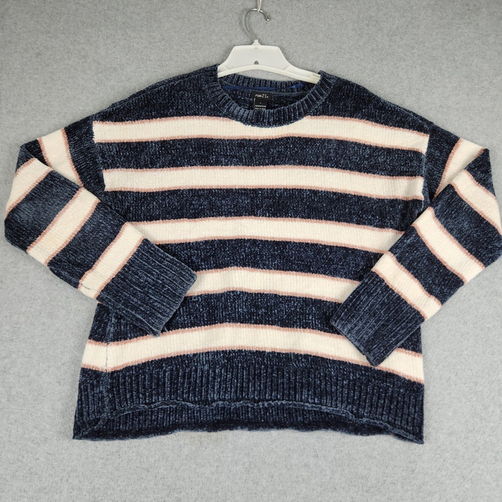 rue21 Sweater Womens Large Blue Striped Chenille Relaxed Fit Soft Cozy Crew Neck